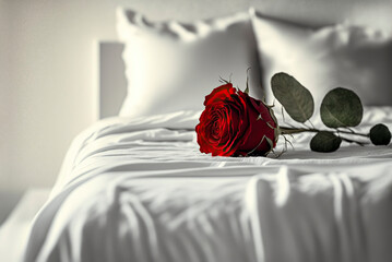 Red rose on a bed, romantic valentines day (generative ai)