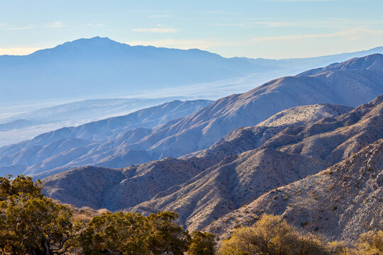 Mountain top scenic view from Keys View in Joshua Tree National Park, California USA