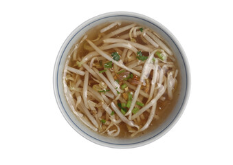 Clear bean sprout soup in white cup on white background
