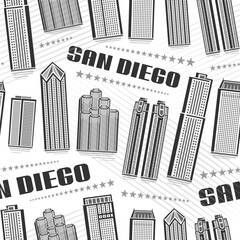 Vector San Diego Seamless Pattern, repeat background with illustration of famous american city scape on white background for wrapping paper, monochrome line art urban poster with dark text san diego