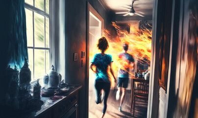 Fototapeta na wymiar Fire in the kitchen. Peoples are running in hurry. Generative AI.