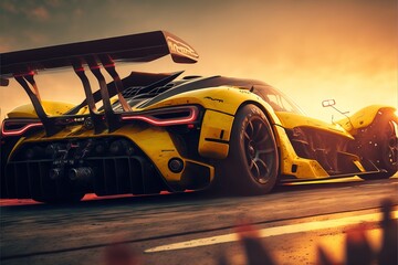  a yellow race car driving down a race track at sunset or sunrise with the sun shining on the car and the roof down on the track, with the lights on the front of the car. Generative AI
