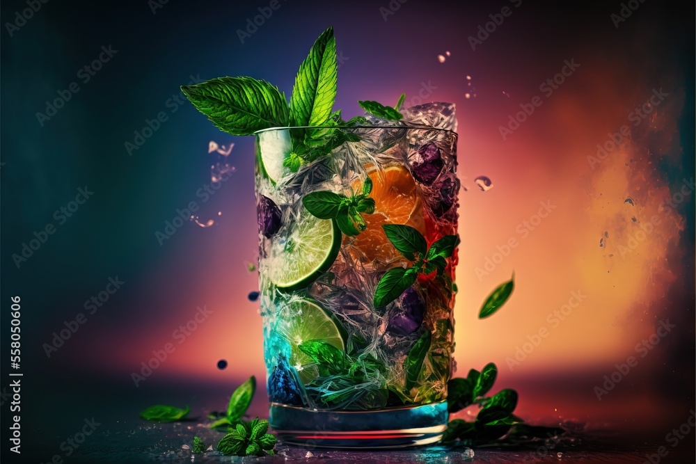 Poster a glass filled with ice and limes on top of a table next to a spoon and a glass filled with ice and 