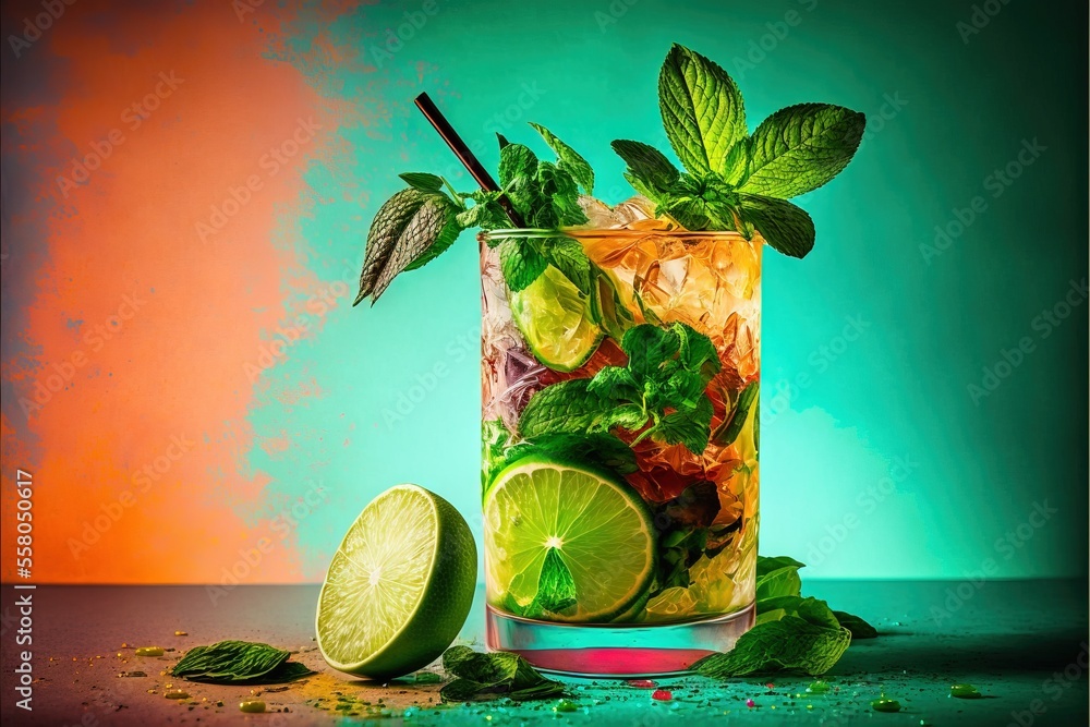 Poster a tall glass of mojito tea with mint and lime on a table with a half of a lime and half of a lime on