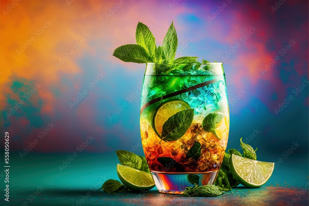 Poster a colorful drink with limes and mints in a glass on a blue background with a rainbow hued background