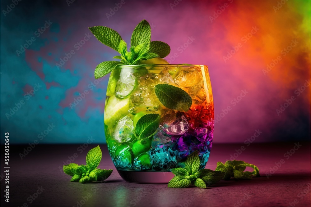 Poster a glass filled with ice and a green leaf on top of a table next to a rainbow colored wall and a pair