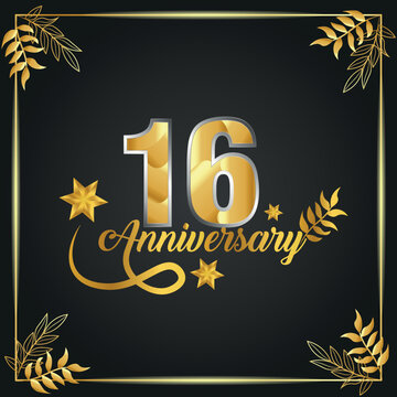 16 years old luxurious logo. anniversary year of vector gold colored template framed of palms.