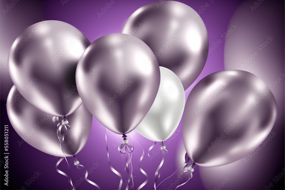 Poster a bunch of shiny balloons with streamers on a purple and purple background with a bow on the end of 