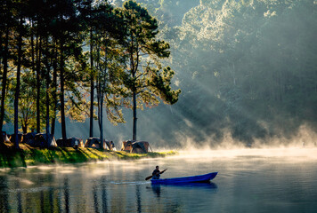 Man sail the small blue boat in the lake pass through beam light that shine through tree in forest...