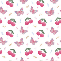 Retro Cherry and Butterfly Watercolor Seamless Pattern