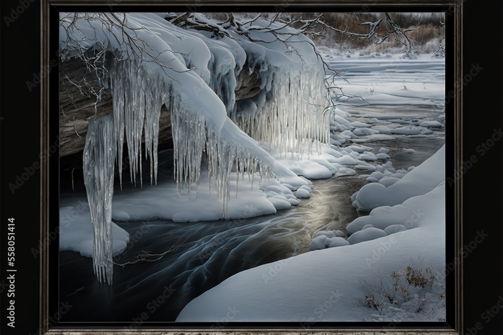 Poster a picture of a frozen stream with icicles hanging from the branches of the tree and the water runnin