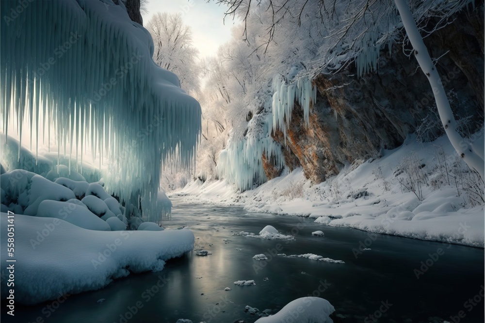 Poster a frozen river surrounded by snow covered trees and ice covered rocks in a forest area with ice hang