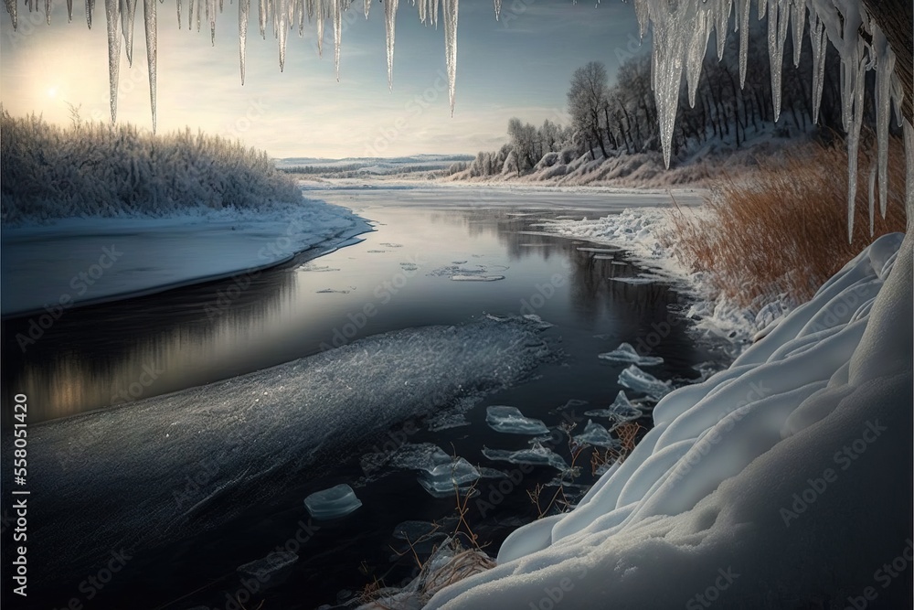 Poster a frozen river with icicles hanging from the ceiling and a river bank in the foreground with ice han