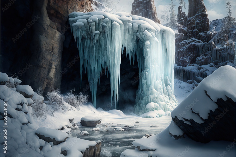 Aufkleber a painting of a frozen waterfall in a snowy landscape with trees and rocks in the background and a s