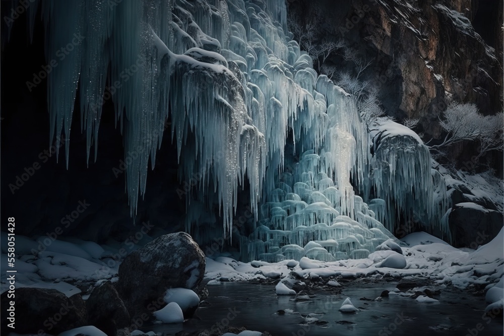 Poster a frozen cave with ice hanging from it's walls and a stream running between it and a large rock form