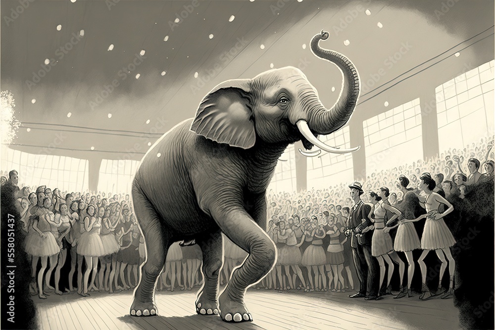 Poster an elephant standing on a wooden floor in front of a crowd of people in a room with a ceiling full o