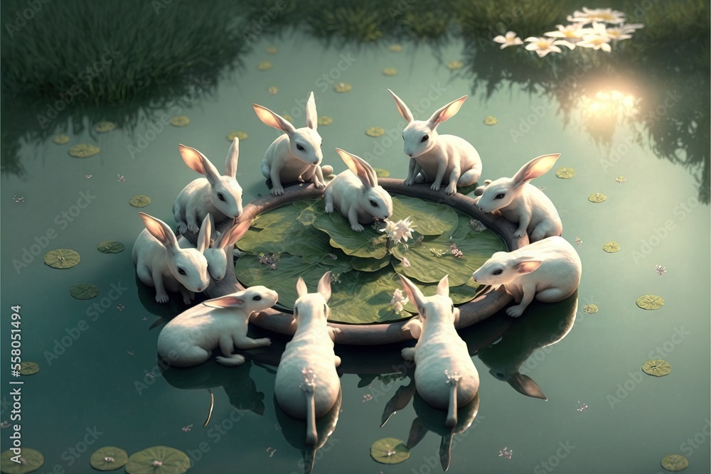 Poster a group of rabbits sitting on top of a lily pad in a pond with lily pads on the water and lily pads 