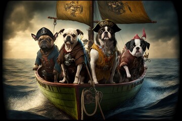  a group of dogs sitting on top of a boat in the ocean with a pirate's ship in the background and clouds in the sky above them, all of which is a dog is a pirate's head. Generative AI