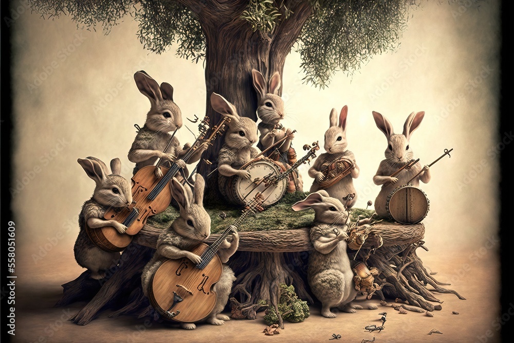 Poster a group of rabbits playing music in front of a tree with a violin and violin on it's trunk, while an