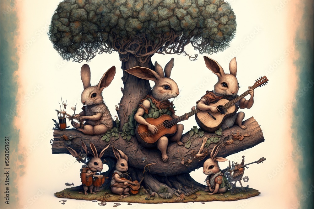 Aufkleber a group of rabbits sitting on top of a tree with a man playing a guitar and a woman playing a guitar