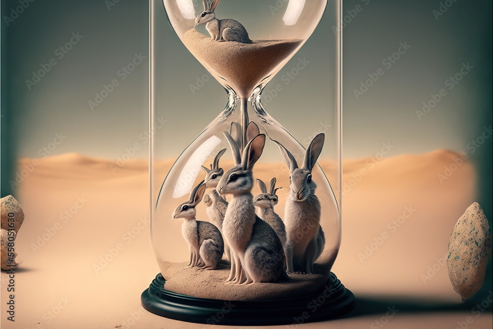 Poster a group of rabbits sitting inside of a hour glass hourpiece with sand in the middle of the hour and 