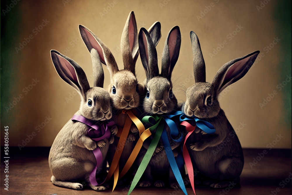 Poster a group of rabbits sitting next to each other with ribbons around their necks in front of a brown wa