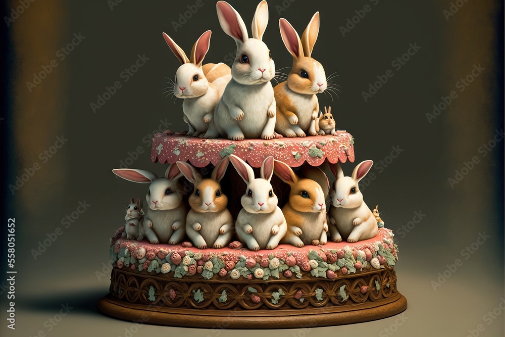 Poster a group of rabbits sitting on top of a cake on a table with a table cloth on it and a table cloth on
