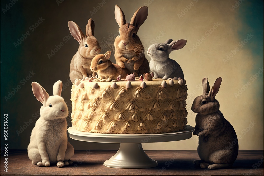 Poster a cake with bunnies on top of it and a bunch of bunnies on the side of the cake on the table next to