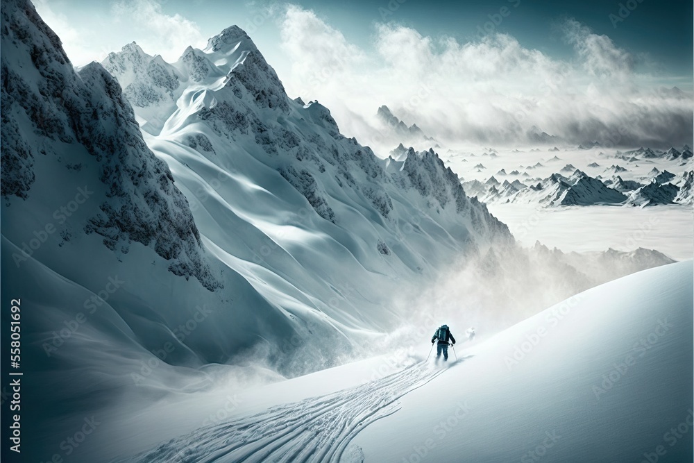 Poster a man skiing down a snow covered mountain side in the snow with a sky background and clouds in the s