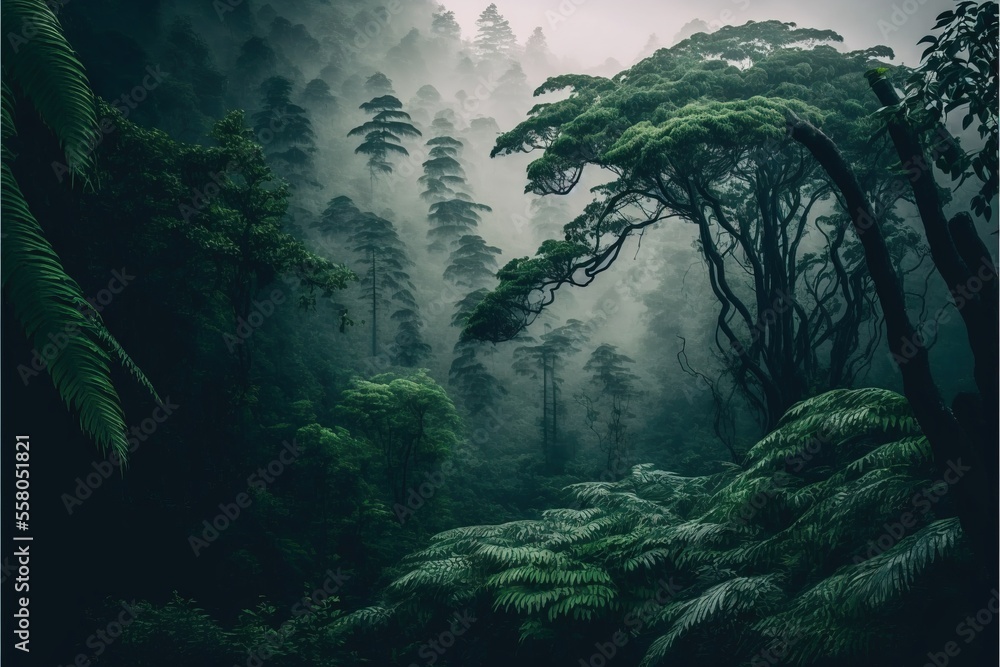 Poster a forest filled with lots of green trees and tall trees in the foggy sky with a forest floor covered