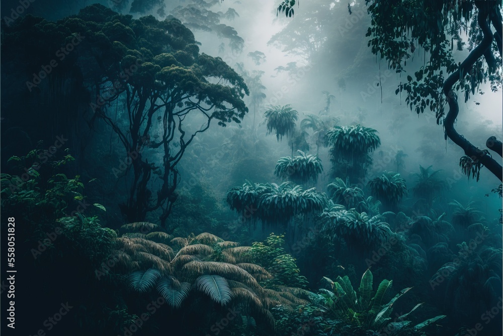 Poster a dark forest with trees and plants in the foreground and a cloudy sky in the background the trees a