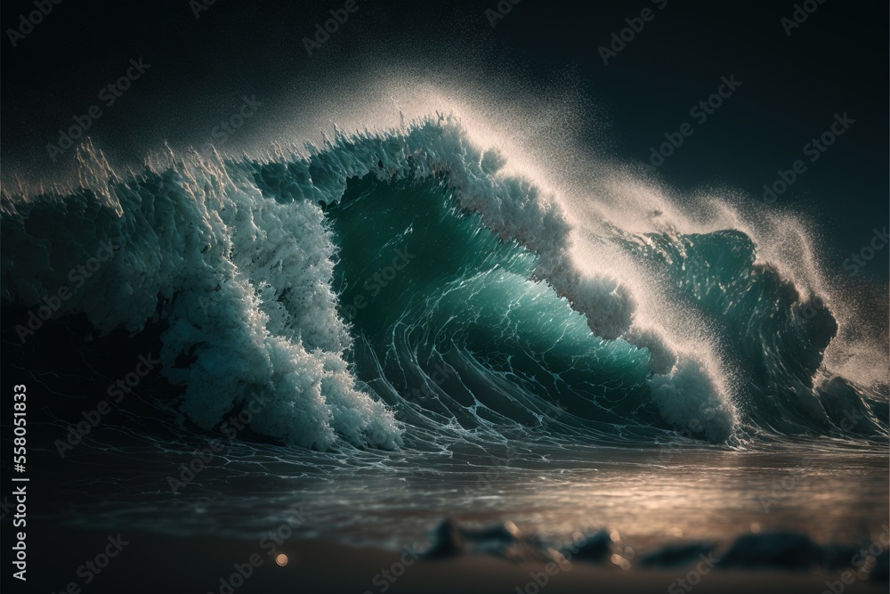 Poster a large wave crashing into the ocean on a dark day with the sun shining on the water and the waves c