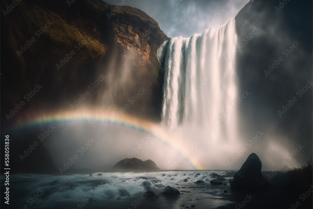 Poster a waterfall with a rainbow in the middle of the water and a rainbow in the middle of the water and a