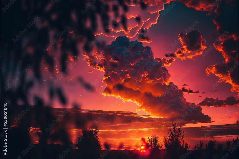 Poster the sun is setting behind a cloud in the sky over a field of grass and trees in the foreground, with
