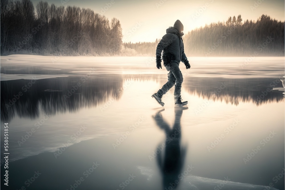 Poster a man walking across a frozen lake in the middle of the day with trees in the background and a foggy