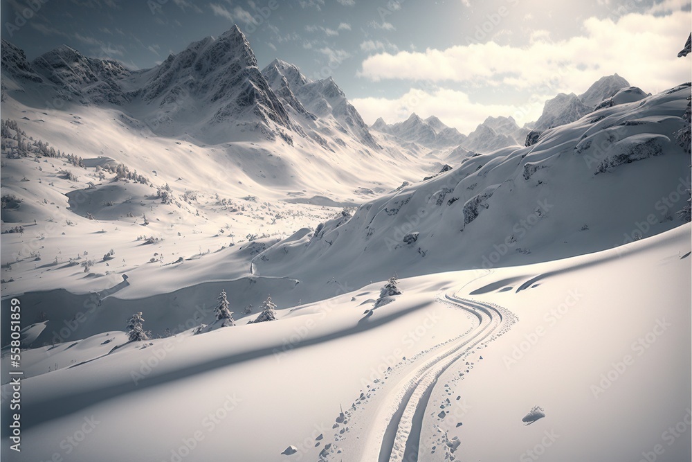 Poster a snow covered mountain range with tracks in the snow, and in the background there are clouds in the