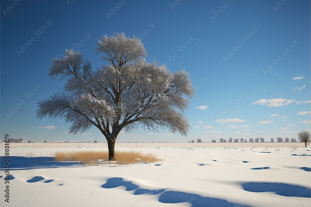 Poster a snow covered field with a lone tree in the middle of the field and a blue sky in the background wi