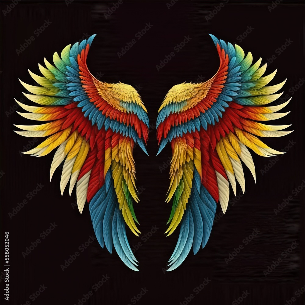 Poster a picture of a colorful bird wing on a black background with a black background and a black backgrou