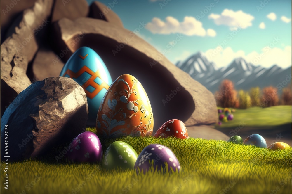 Poster a bunch of eggs that are in the grass near some rocks and a rock formation in the background with mo