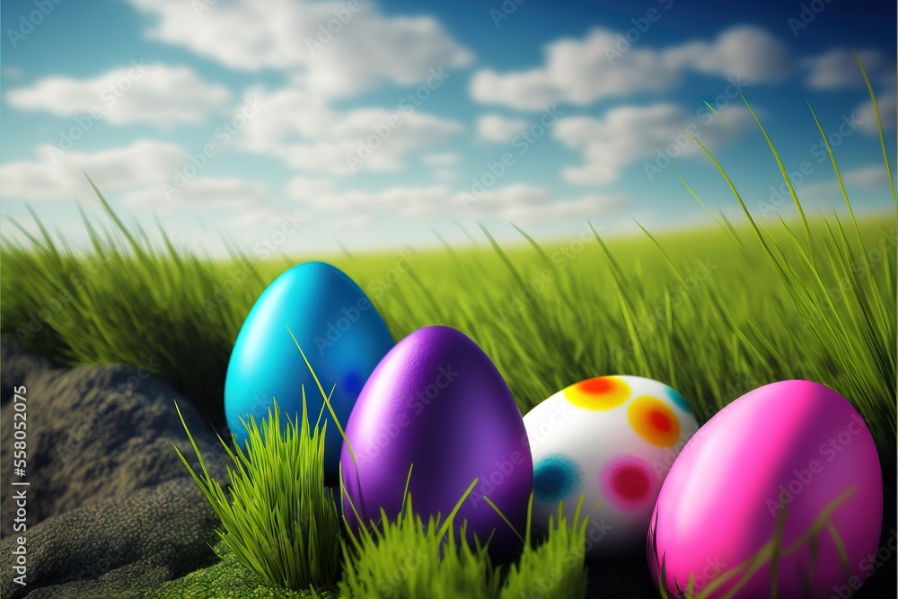 Poster a group of colorful eggs sitting in the grass on a sunny day with a blue sky in the background and c