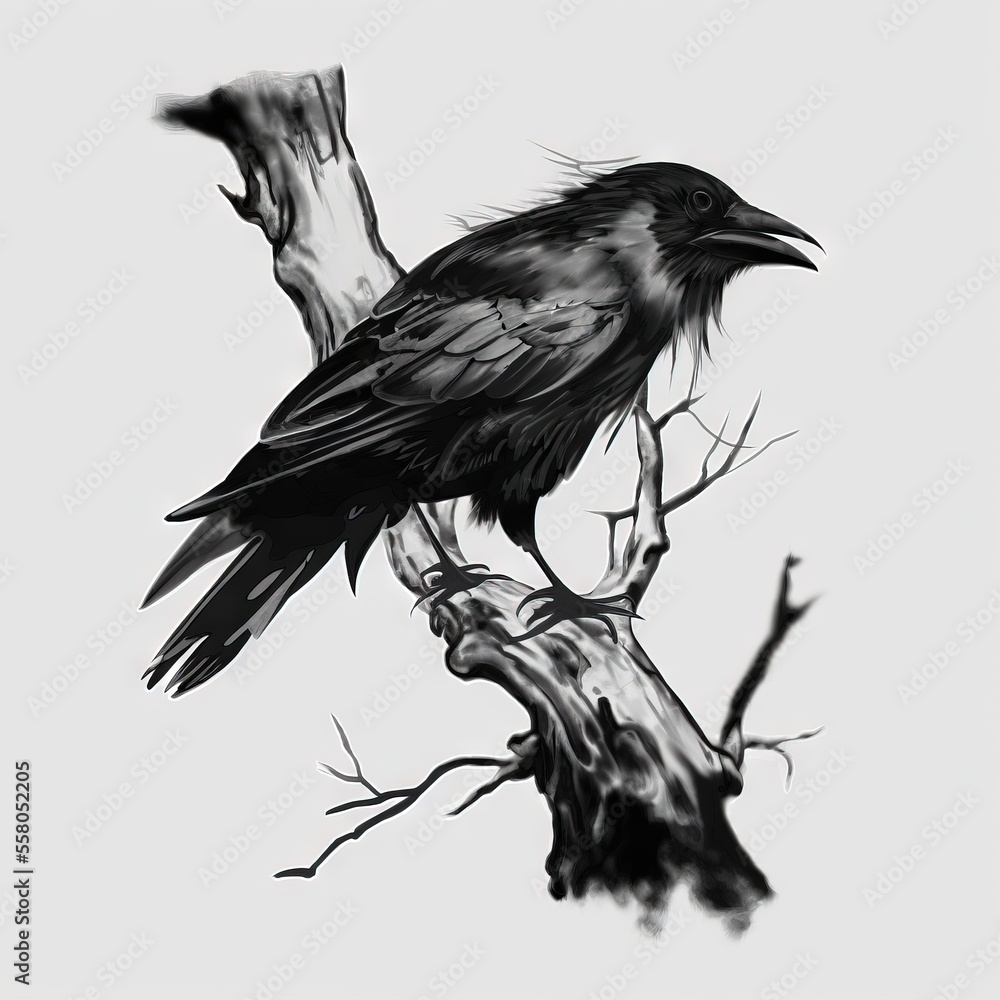 Poster a black bird sitting on top of a dead tree branch in a tree branch filled with dead branches and a d