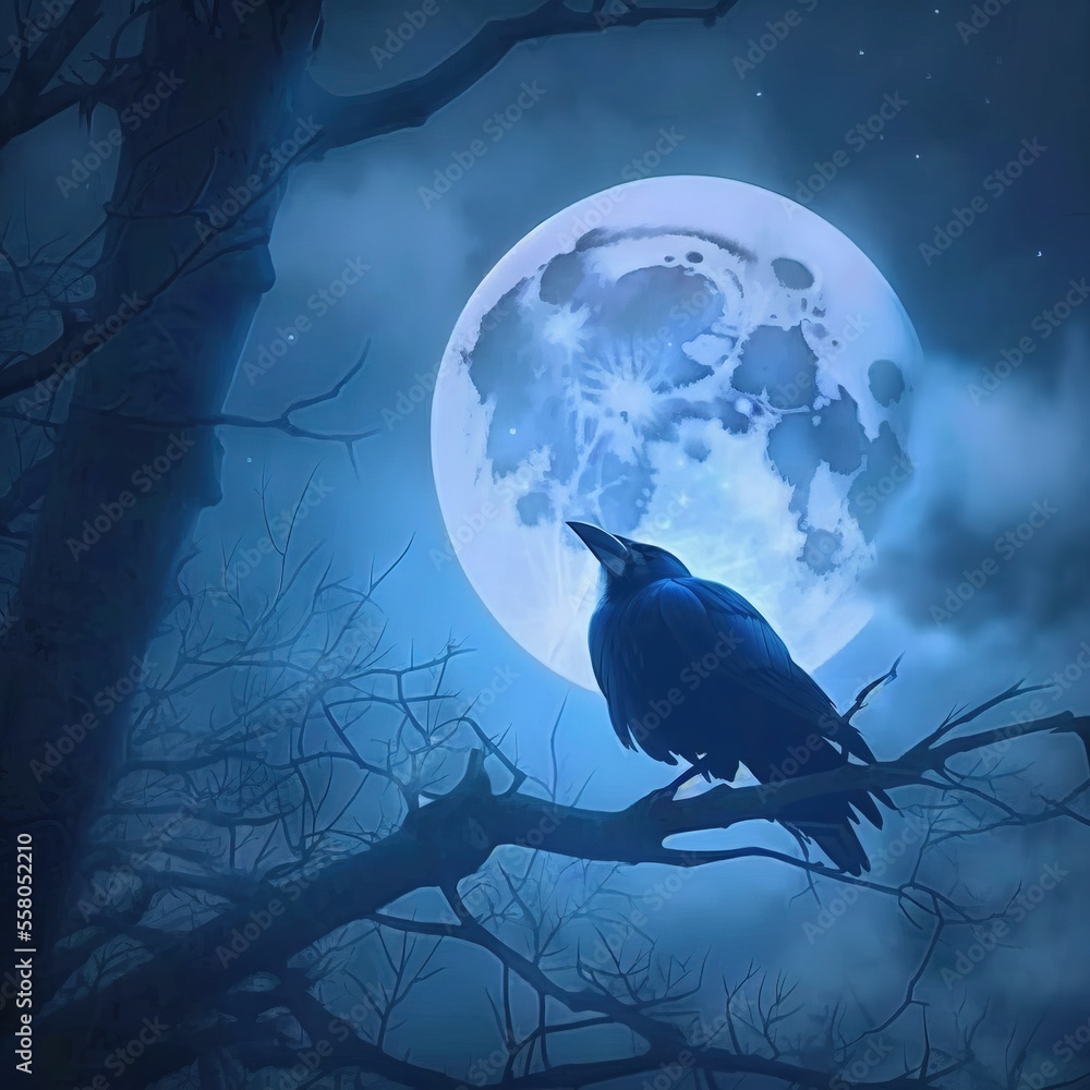 Poster a crow sitting on a tree branch in front of a full moon with a full moon in the sky behind it and a 