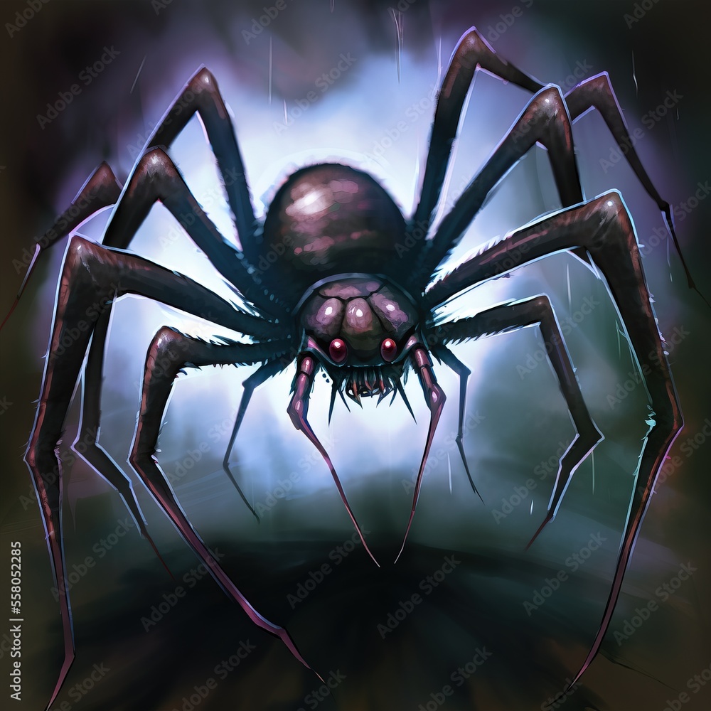 Poster a large spider with red eyes on a dark background with a blue sky in the background and a white clou