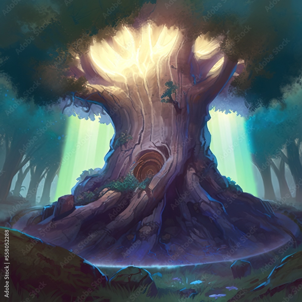 Poster a painting of a tree stump with a light coming from the top of it in the middle of a forest with roc