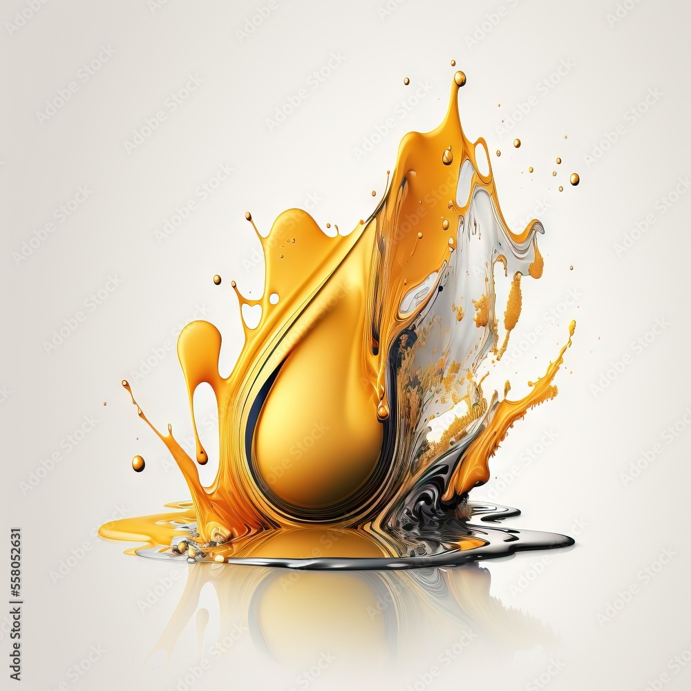 Poster a yellow liquid splashing out of a liquid bottle on a white surface with a reflection of the liquid 