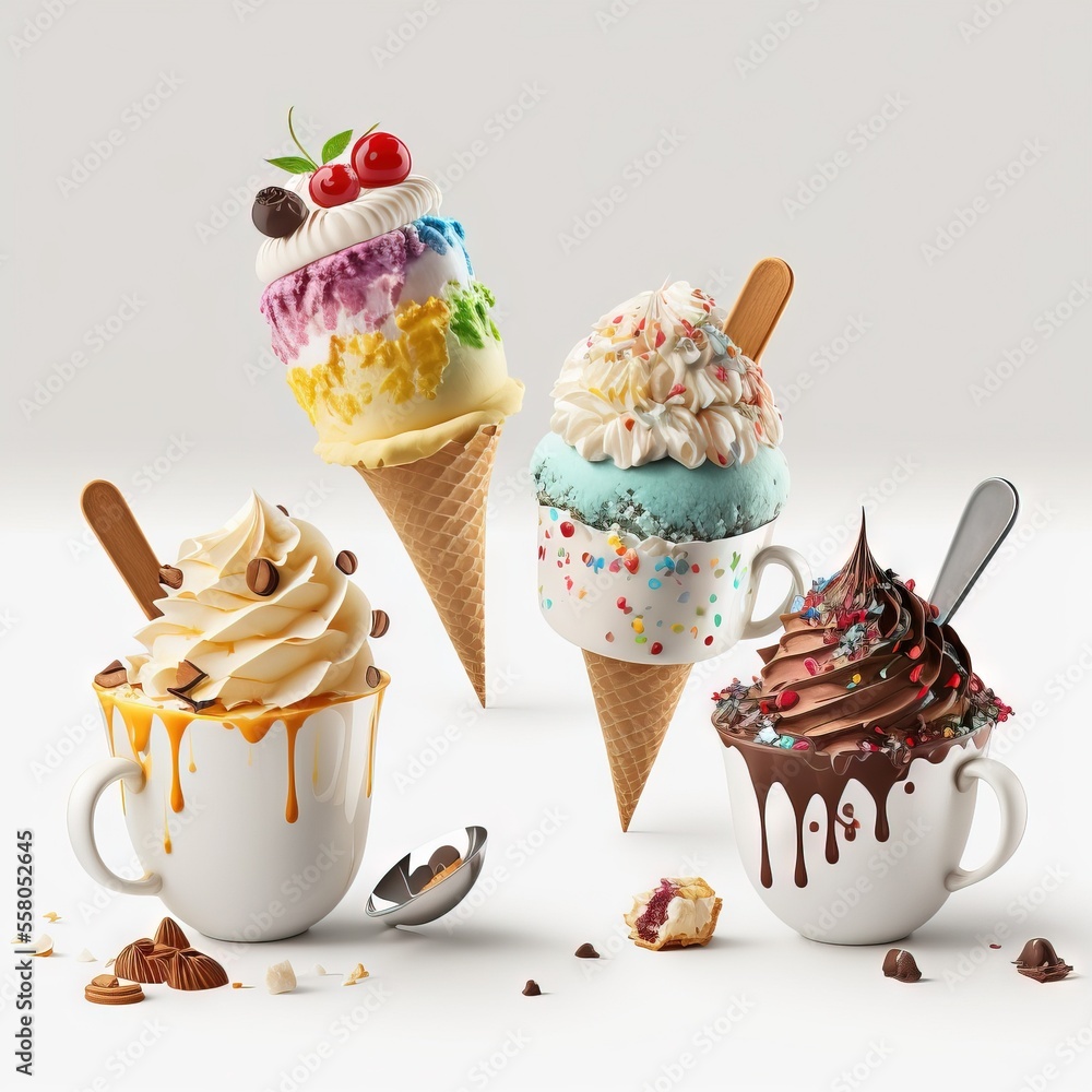 Poster a group of three ice cream cones sitting next to each other on top of a white table next to a cup of