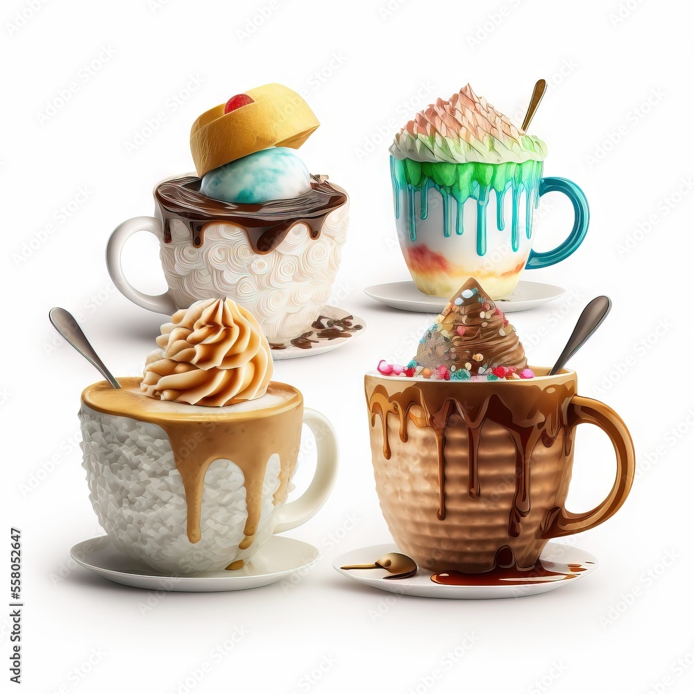 Poster  a group of four cups with different types of desserts in them on a white background with a spoon in the middle of the cup and a spoon in the middle of the cup with a. Generative AI