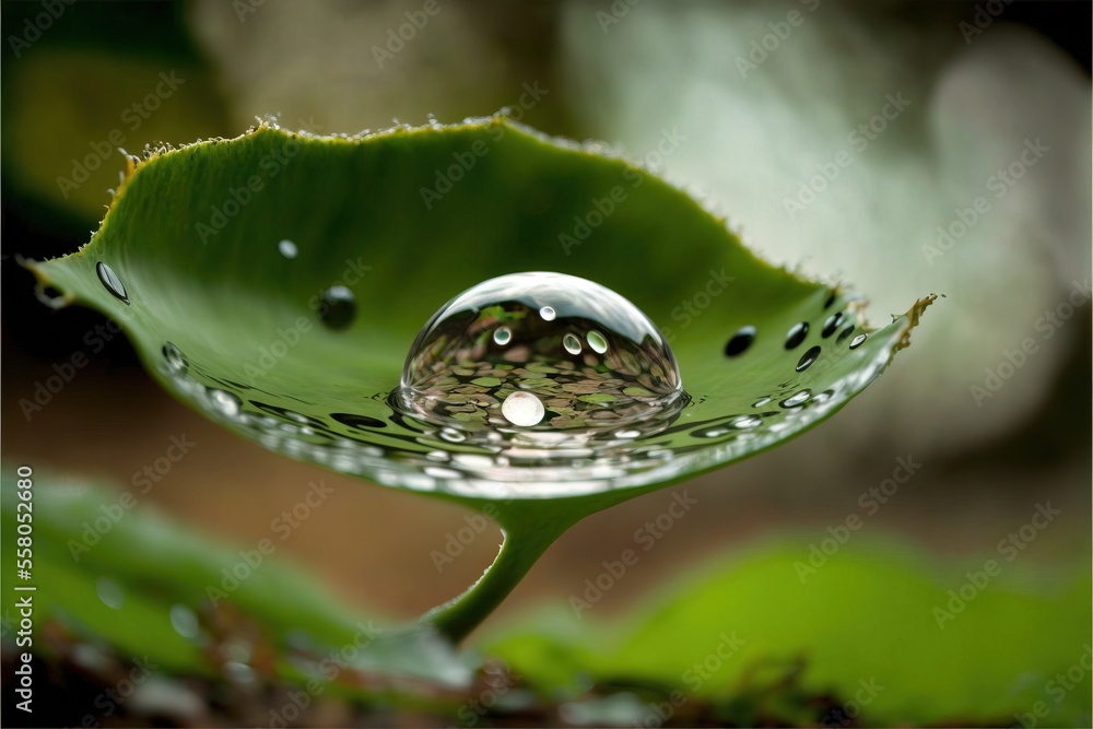 Poster a drop of water on a green leaf with water droplets on the surface of the leaf and on the surface of