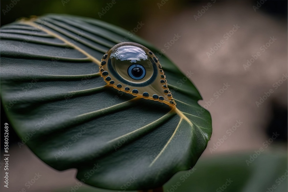 Poster a close up of a leaf with a drop of water on it's end and a green leaf with a leaf in the foreground