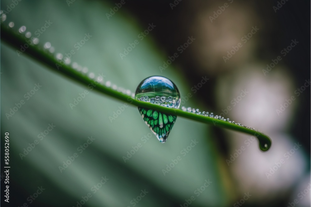 Poster a green leaf with a drop of water on it's end and a blurry background of the leaves is shown in the 
